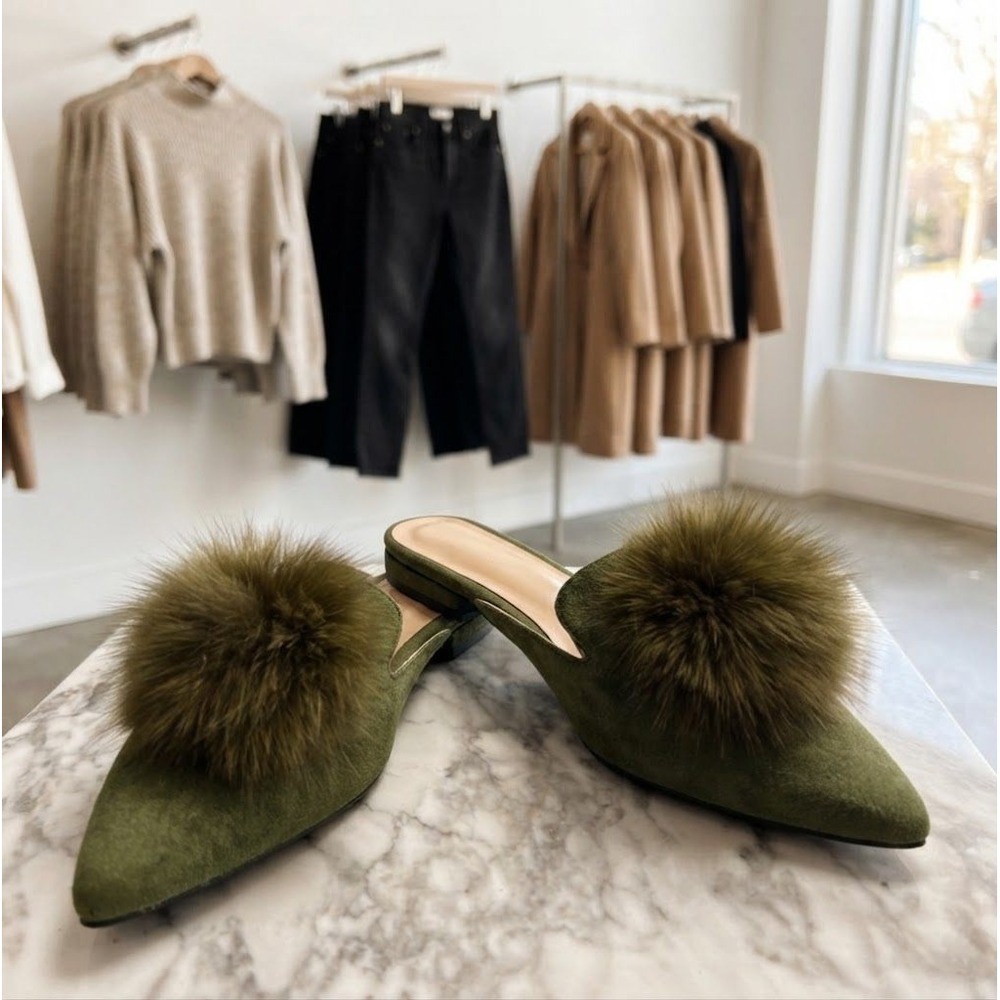 Olive Green Faux Suede Flats 7.5-8 EU 38 Fur Pom Pom Pointed Toe Fall Fashion